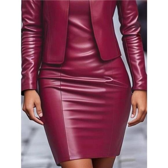 Open Front Leather Jacket & Dress Set - Picture 4 of 10